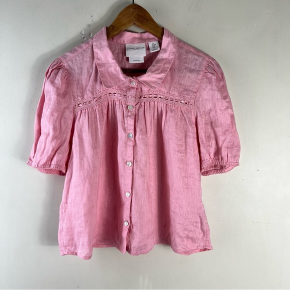 Laura Ashley Pink Size Medium Puff Sleeve 100% Linen Top Button Up Blouse Collar - Picture 1 of 9